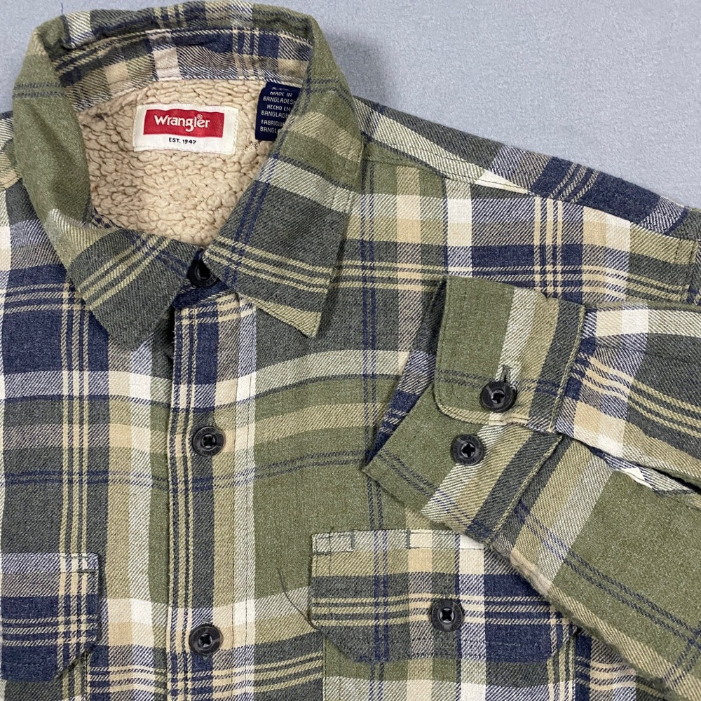 Wrangler Mens Small Sherpa Lined Flannel Shirt Jacket Plaid Olive Green 0493